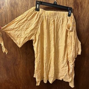 Yellow and white striped flowy tube top with arm sleeves